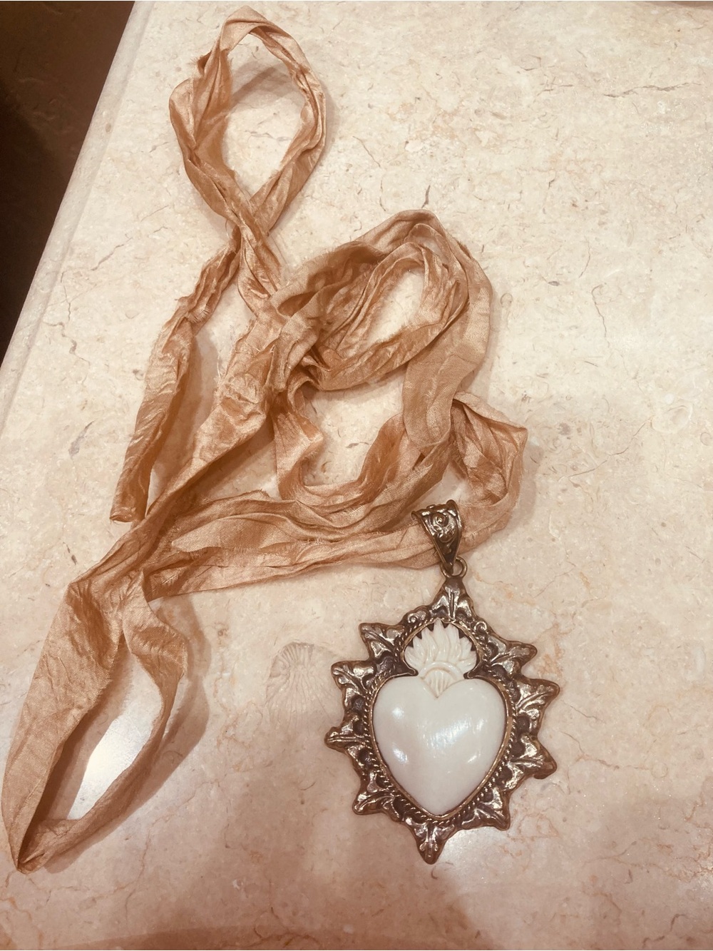 Vintage-Inspired Heart Pendant Necklace with Silk Sari Ribbon